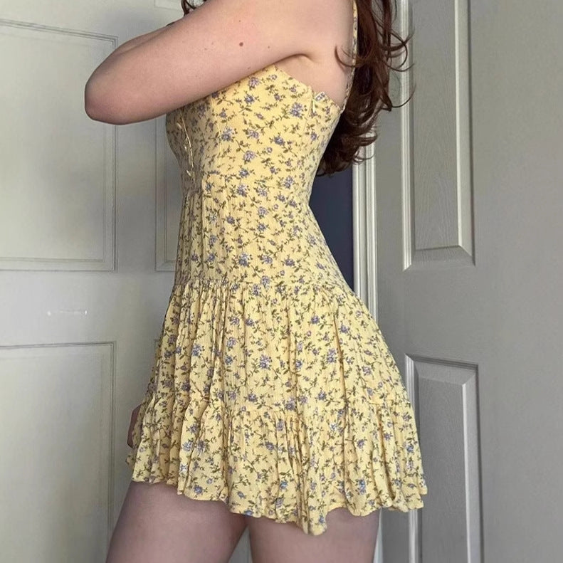 Damen Blumiges A-Linien Sommerkleid mit Rüschensaum und Spaghettiträgern R&B