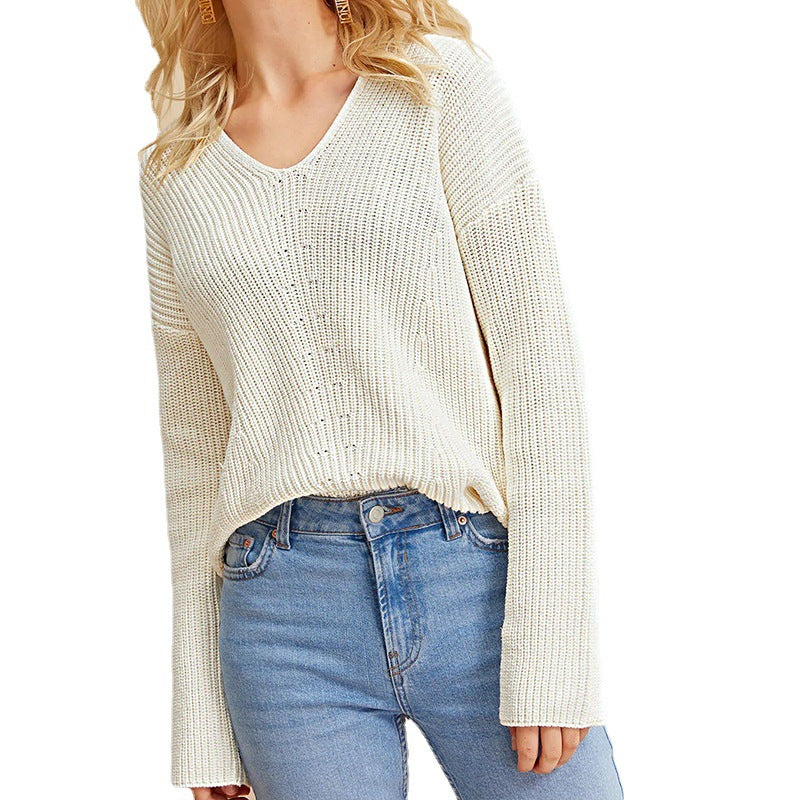 Damen modischer V-Ausschnitt Pullover mit strukturierter Stricktextur R&B