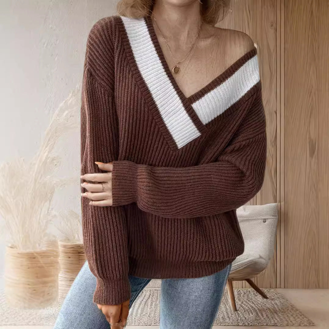 Damen oversized V-Pullover mit strukturiertem Rippstrickdesign R&B