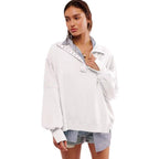 Damen Oversize Pullover mit Kragen und Druckknöpfen