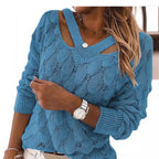 Damen lässiger Strickpullover mit V-Ausschnitt und einzigartigem Cut-out-Design R&B