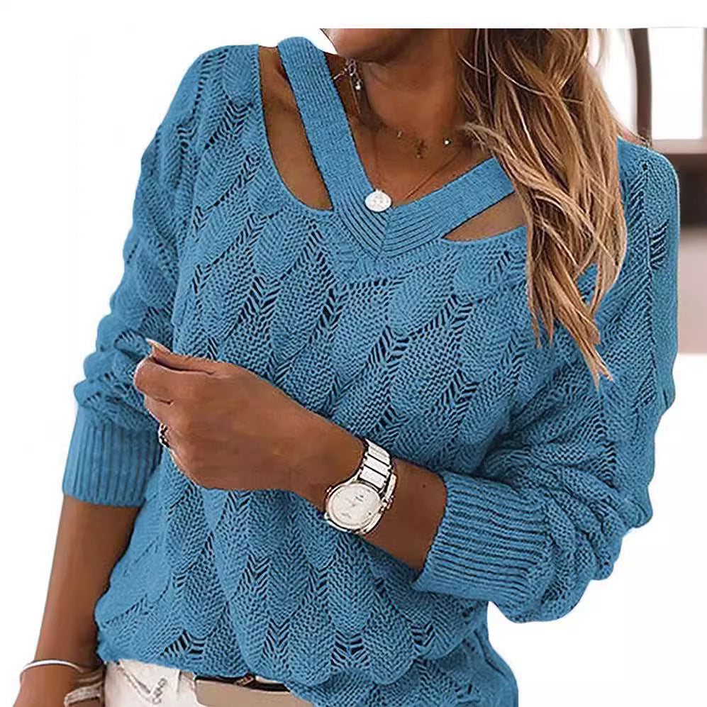 Damen lässiger Strickpullover mit V-Ausschnitt und einzigartigem Cut-out-Design R&B