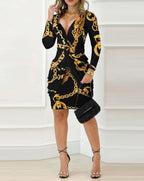 Damen Figurbetontes Wickelkleid mit Kettenmuster R&B