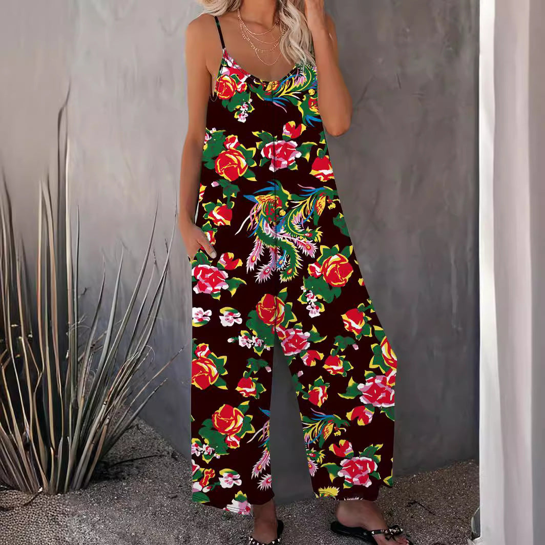 Damen Luftiger Jumpsuit mit floralem Design und verstellbaren Trägern R&B