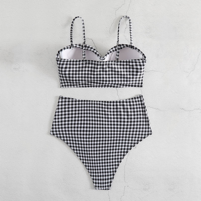 Damen Hochgeschnittener Karo-Bikini mit gepolstertem Oberteil