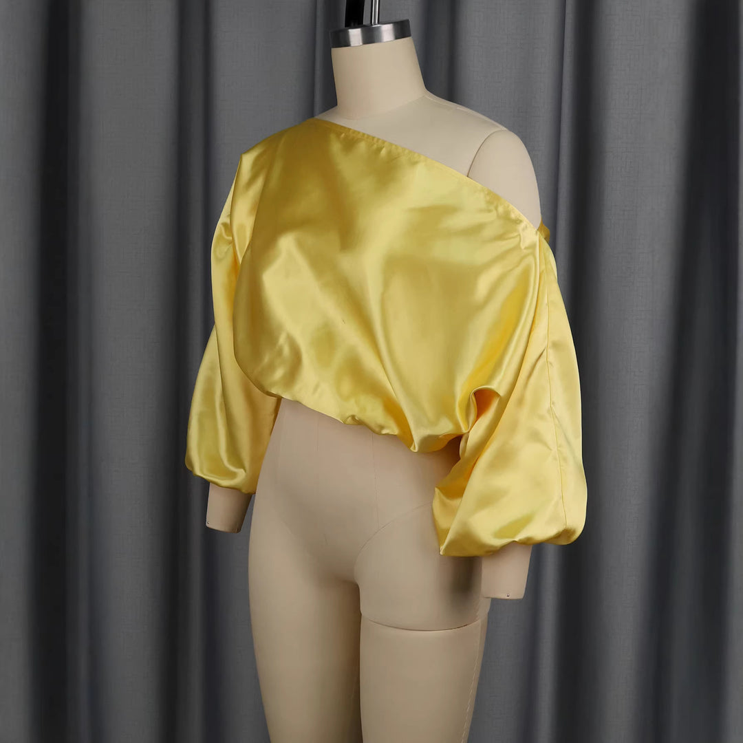 Damen elegantes asymmetrisches Oberteil mit voluminösen Puffärmeln R&B