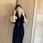 Damen elegantes Kleid mit Spitzenärmeln und dekorativen Knöpfen