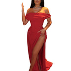 Damen Elegantes Off-Shoulder-Maxi-Kleid mit verführerischem Schlitz R&B