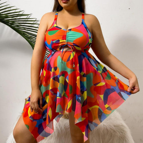 Damen vielseitiges Strandkleid mit modischem Schnitt und buntem Muster R&B