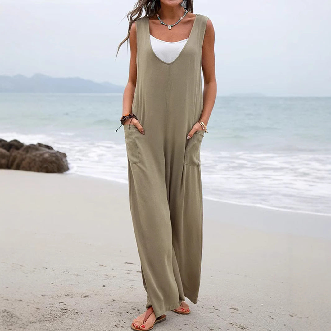 Damen Weit geschnittene Sommer-Jumpsuit mit praktischen Taschen und V-Ausschnitt R&B
