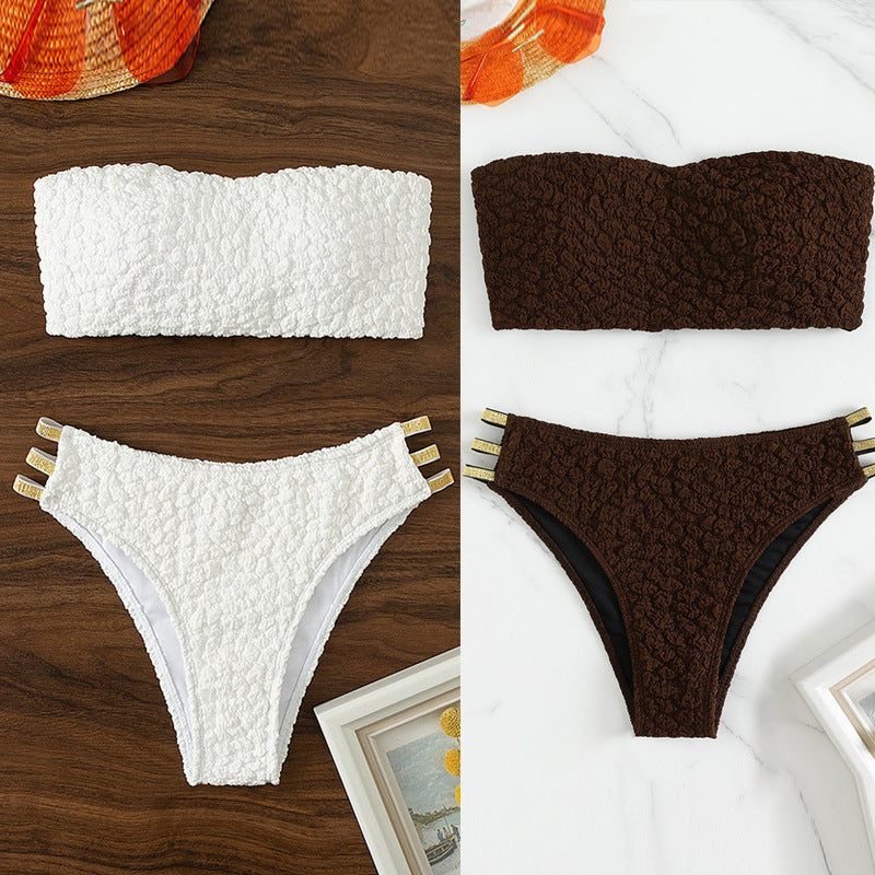 Damen Bandeau-Bikini mit dekorativen Riemen und strukturiertem Oberteil R&B