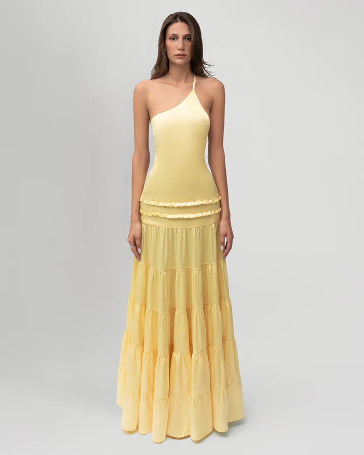 Damen elegantes asymmetrisches Maxikleid mit Rüschendetails R&B