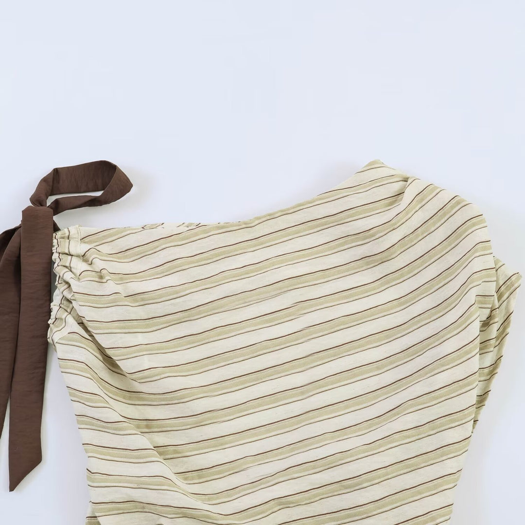 Damen asymmetrisches Oberteil mit eleganter Bindegurtdetail und feinen Streifen R&B