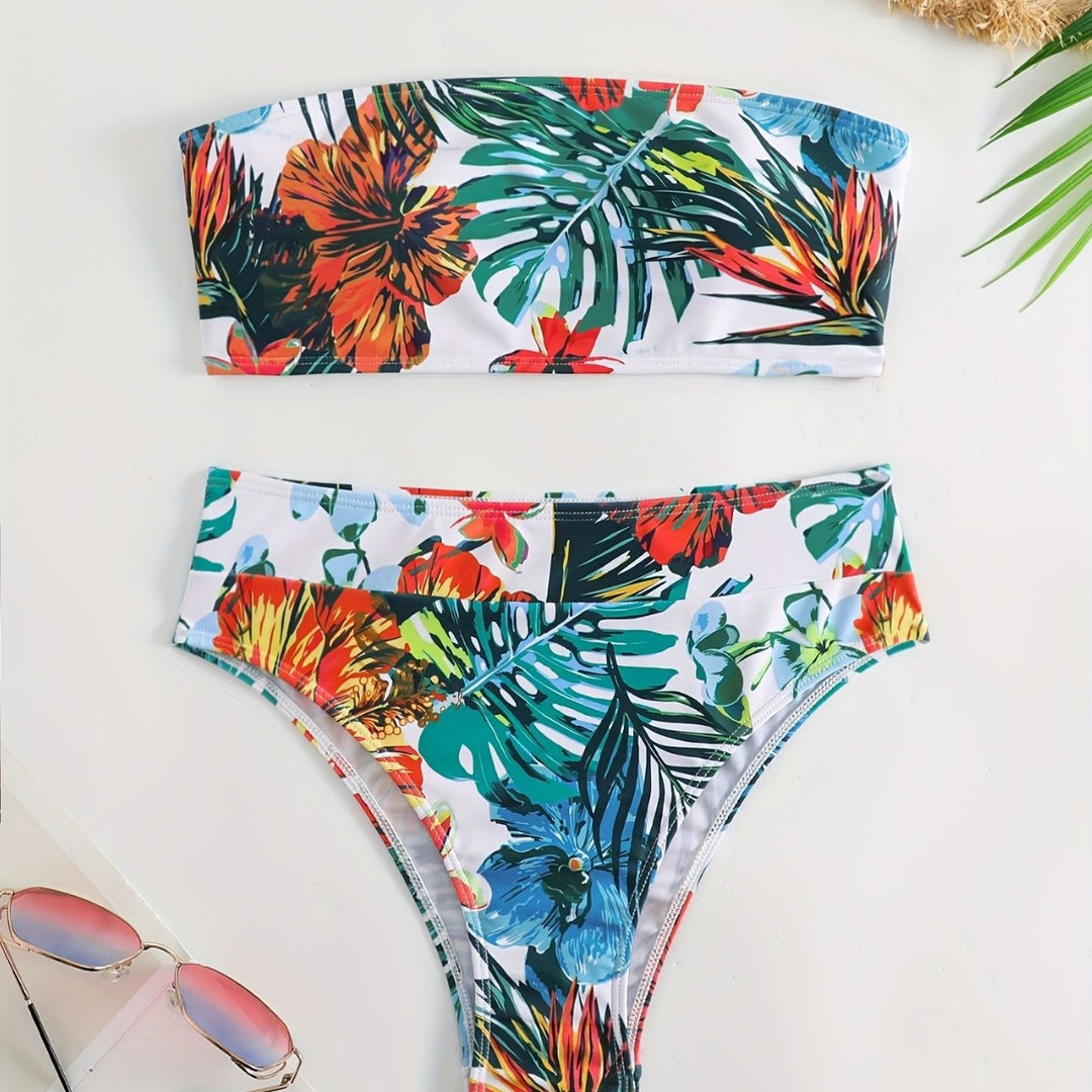 Damen Bandeau-Bikini-Set mit tropischem Blumendesign R&B