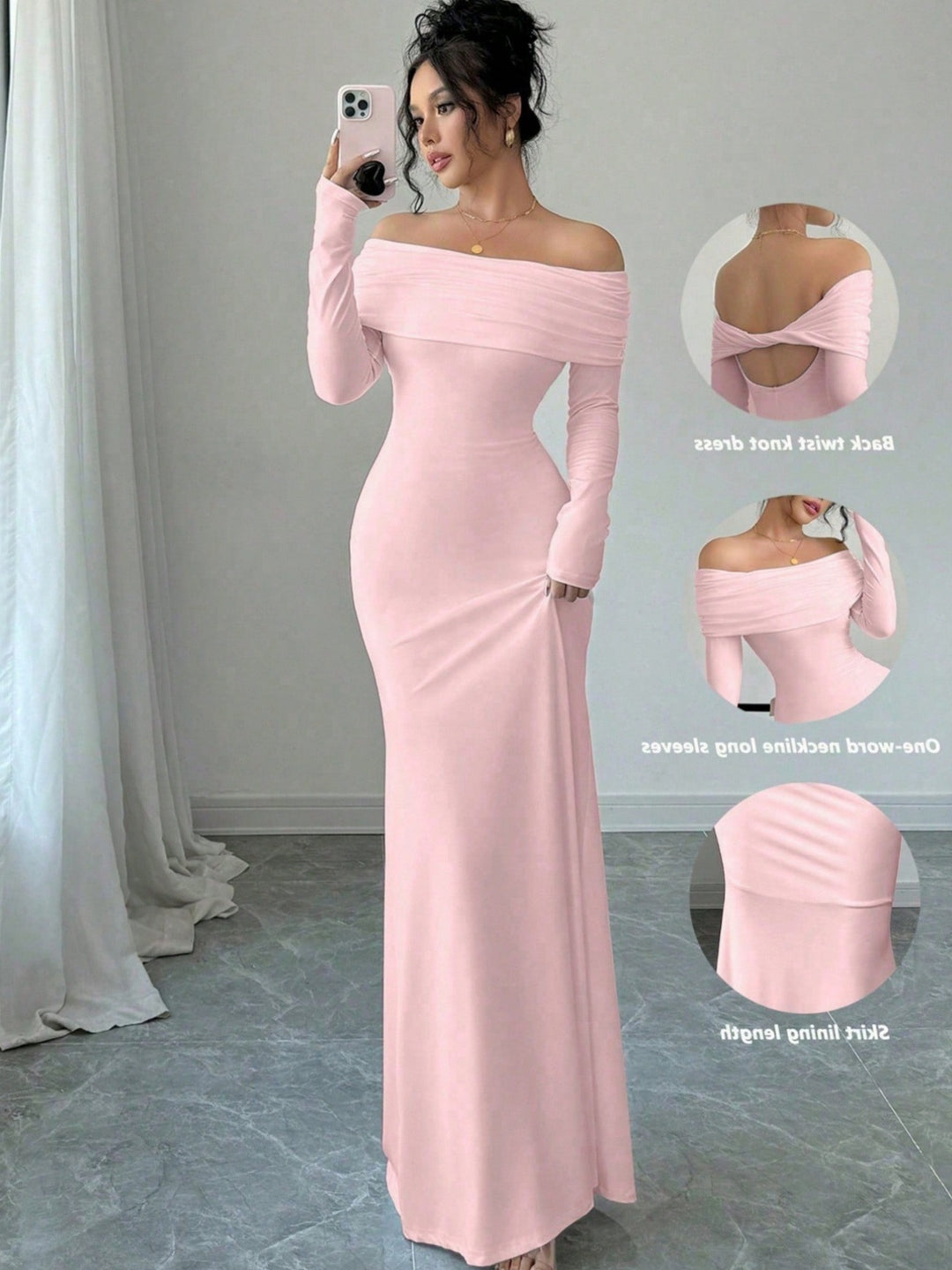 Damen Elegantes und figurbetontes Off-Shoulder Maxikleid mit langen Ärmeln R&B