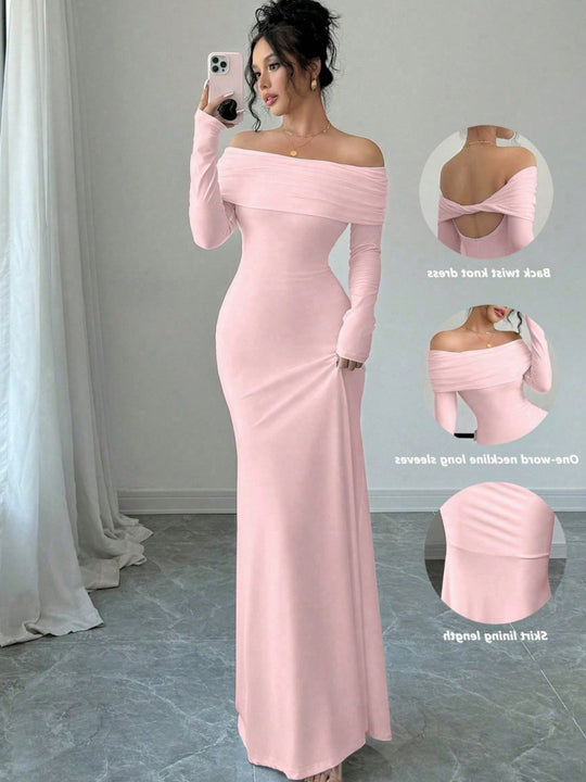 Damen Elegantes und figurbetontes Off-Shoulder Maxikleid mit langen Ärmeln R&B