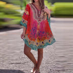 Damen Strandkleid Im Farbenfrohen Boho-Stil mit Verspieltem Design und Tiefem V-Ausschnitt R&B
