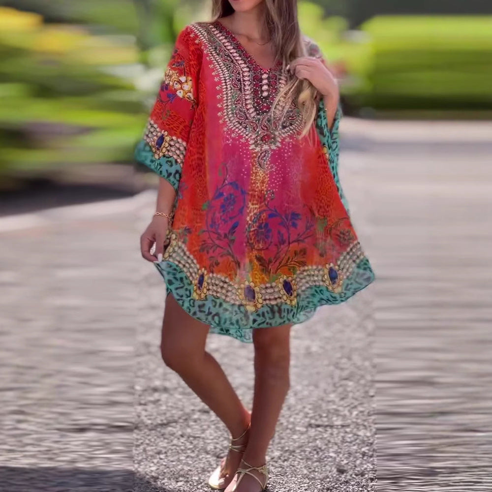 Damen Strandkleid Im Farbenfrohen Boho-Stil mit Verspieltem Design und Tiefem V-Ausschnitt R&B