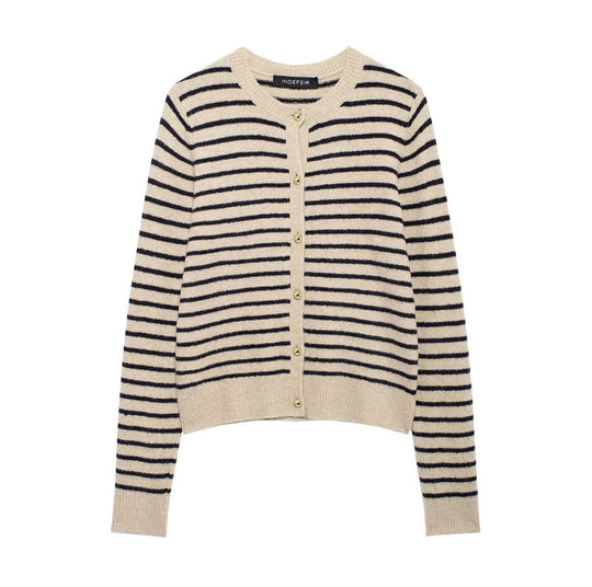 Damen gestreifte Strickjacke mit goldenen Knöpfen und modischem Schnitt R&B