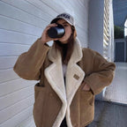 Damen kuschelige Wildlederjacke mit weichem Futter und breitem Kragen R&B
