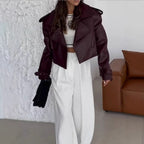 Damen modische Kunstlederjacke mit oversized Schnitt und breitem Kragen R&B