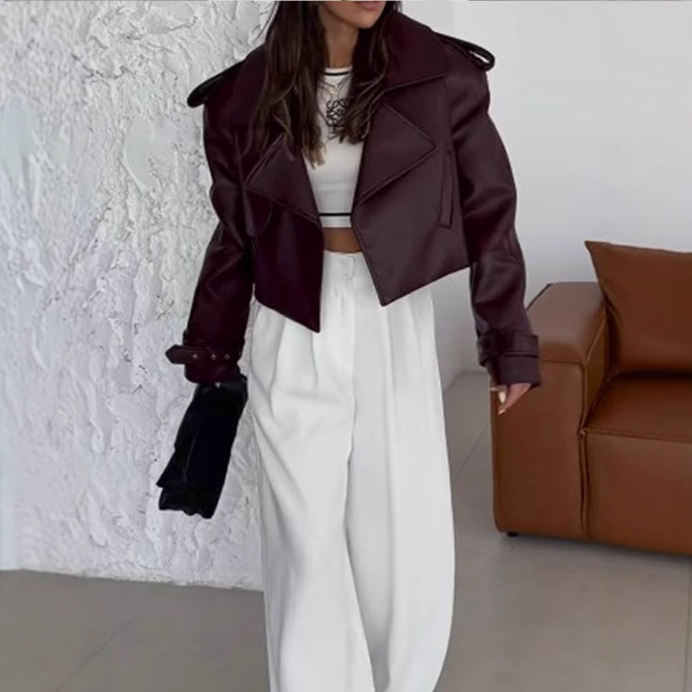 Damen modische Kunstlederjacke mit oversized Schnitt und breitem Kragen R&B
