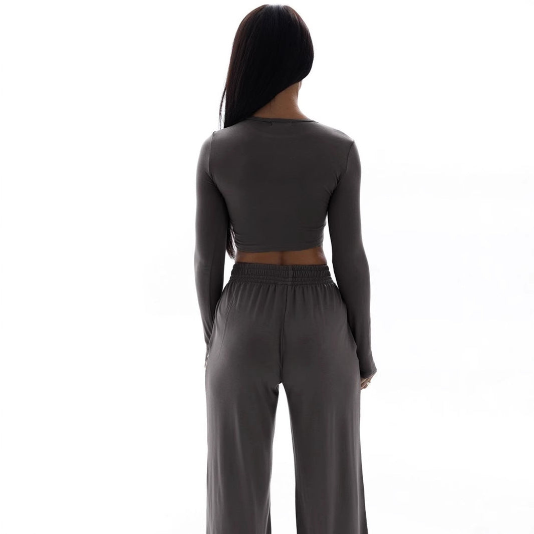 Damen Elegantes Zweiteiliges Set mit cropped Oberteil und weiten Hosen R&B