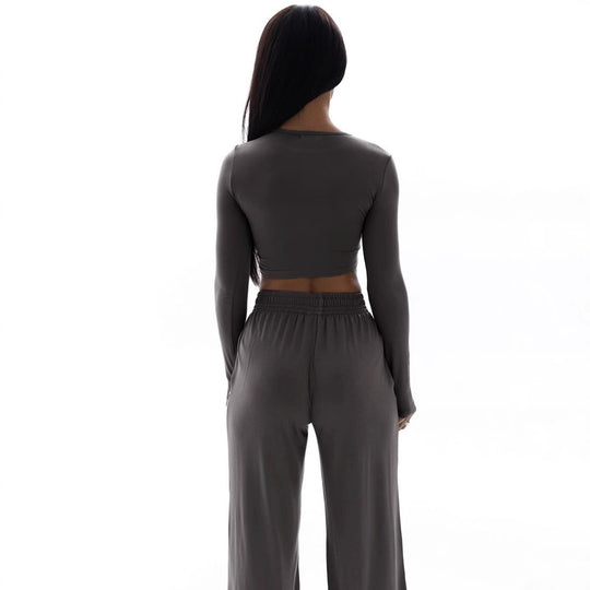 Damen Elegantes Zweiteiliges Set mit cropped Oberteil und weiten Hosen R&B