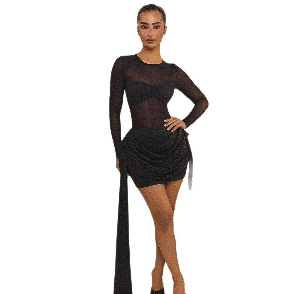 Damen Wickelkleid mit transparenten Ärmeln und eleganter Raffung R&B