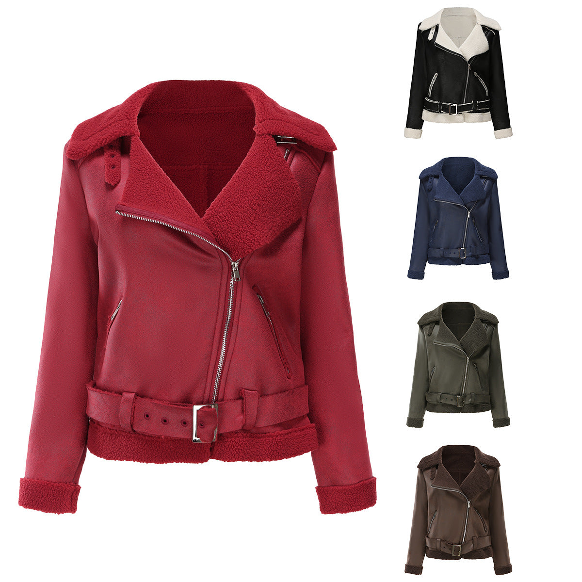 Damen nan taillierte Lammfellimitat-Fliegerjacke mit Gürtel und Teddyfutter R&B