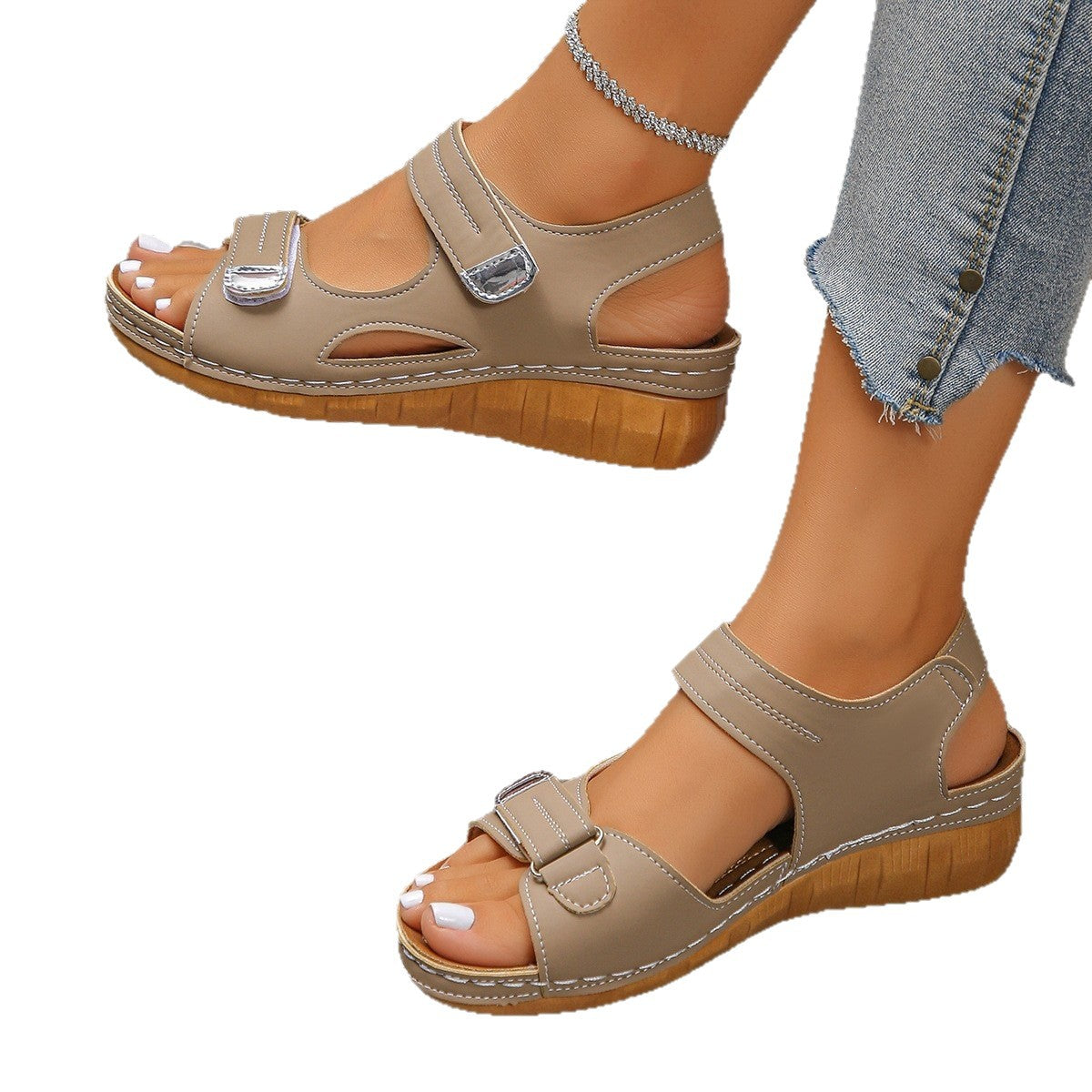 Damen Komfortable Keilsandalen mit doppeltem Klettverschluss und anatomischem Fußbett