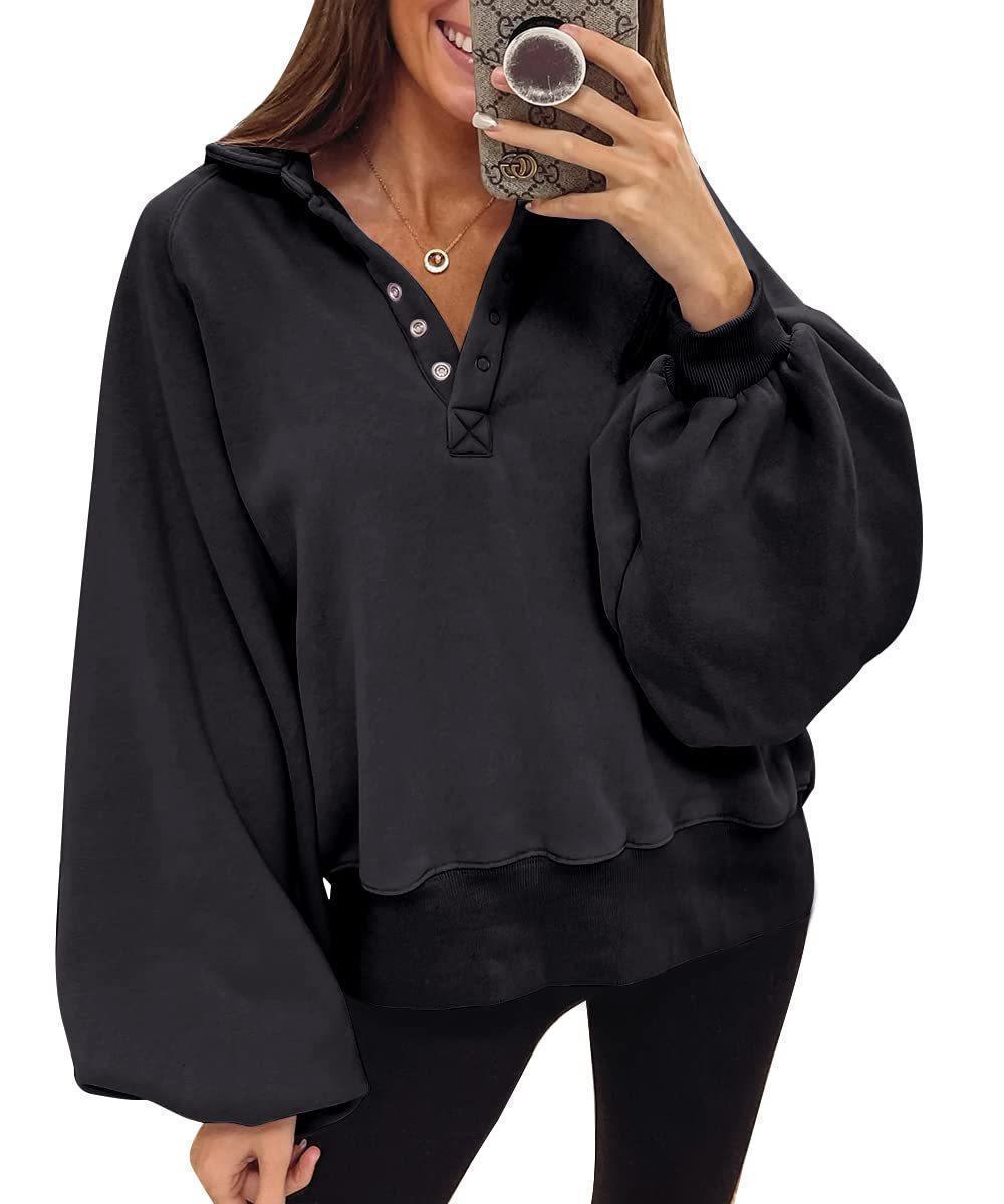 Damen oversized Pullover mit Puffärmeln und Knopfdetails R&B