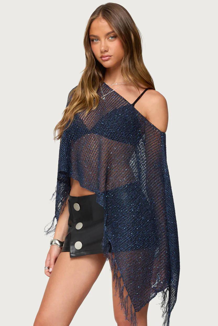 Damen Netzponcho mit funkelnden Akzenten