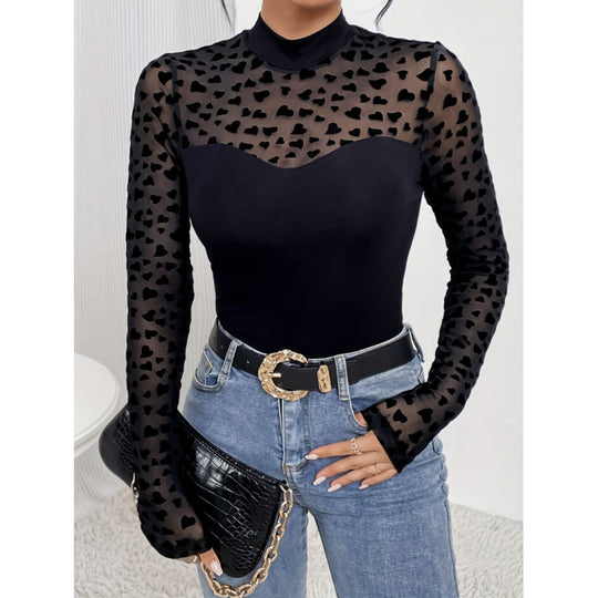 Damen Langarm-Body mit transparenten Herzen und elegantem Stehkragen R&B