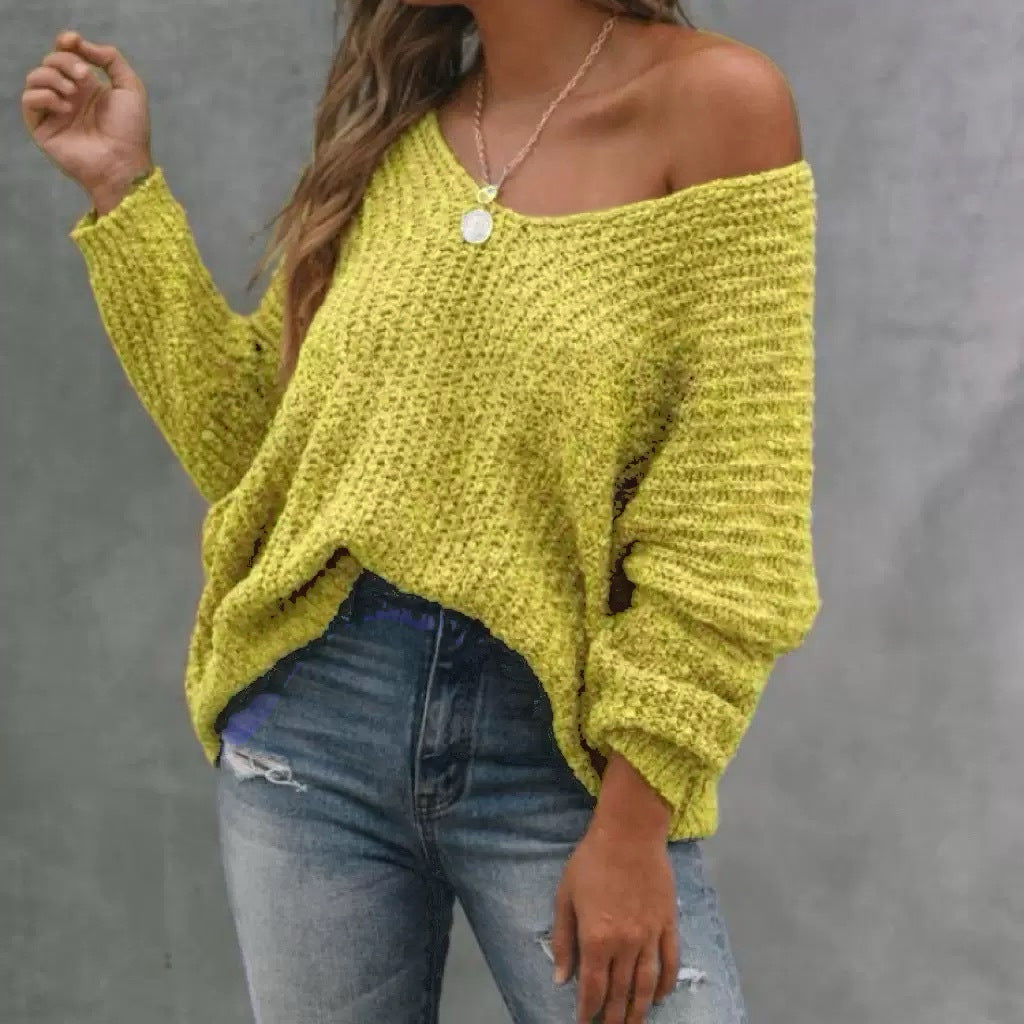 Damen Lässiger Strickpullover mit weitem V-Ausschnitt und off-Shoulder Stil R&B