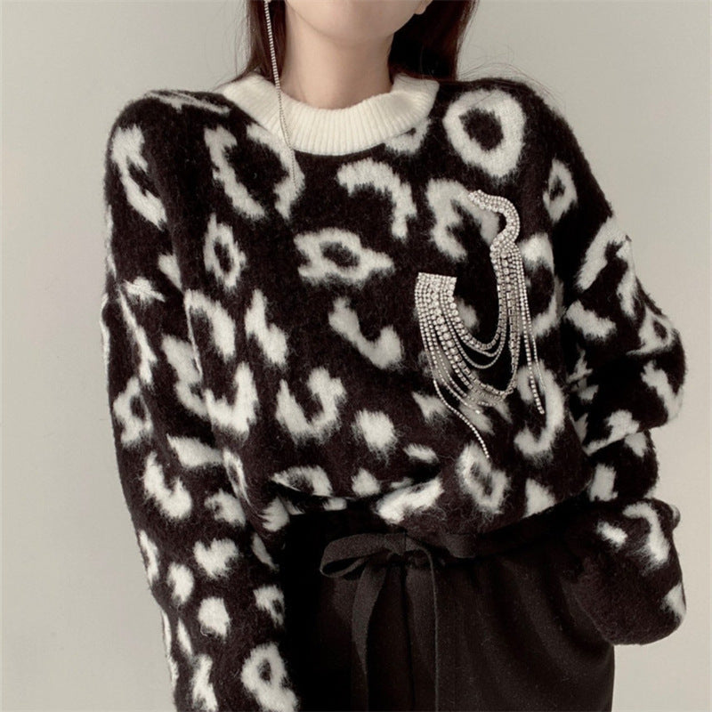 Damen Flauschiger Leopardenmuster Pullover R&B