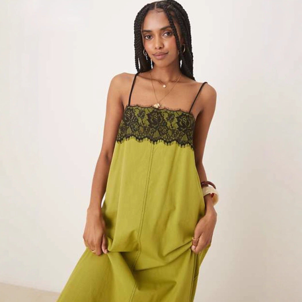 Damen nan nachtwäscheinspiriertes Maxikleid mit Spitzenbustier und schmalen Spaghettiträgern R&B
