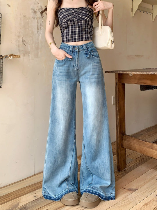 Damen Weite High-Waist Jeans mit lässigem Schnitt und modischen Details R&B