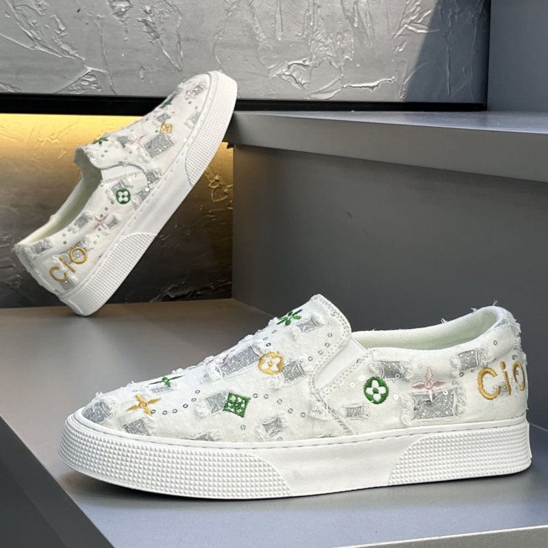 Damen Slip-On Sneakers mit buntem besticktem Design