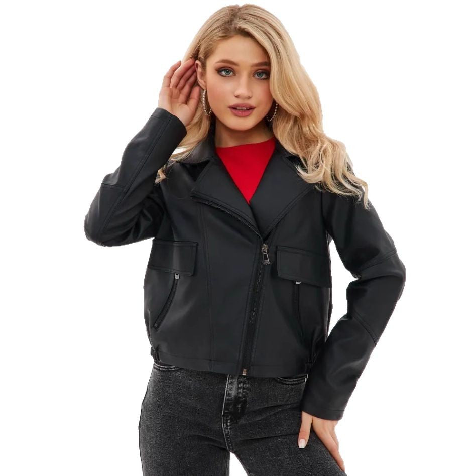 Damen cropped Kunstlederjacke mit praktischen Taschen und modernem Schnitt R&B