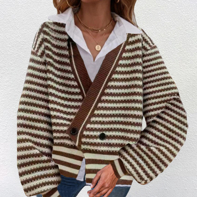 Damen Grobstrick Cardigan mit V-Ausschnitt und modernen Streifen R&B