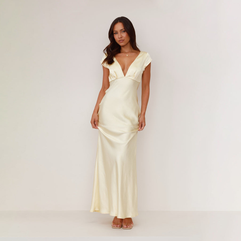 Damen langes Abendkleid mit schickem V-Ausschnitt und elegantem Fall R&B