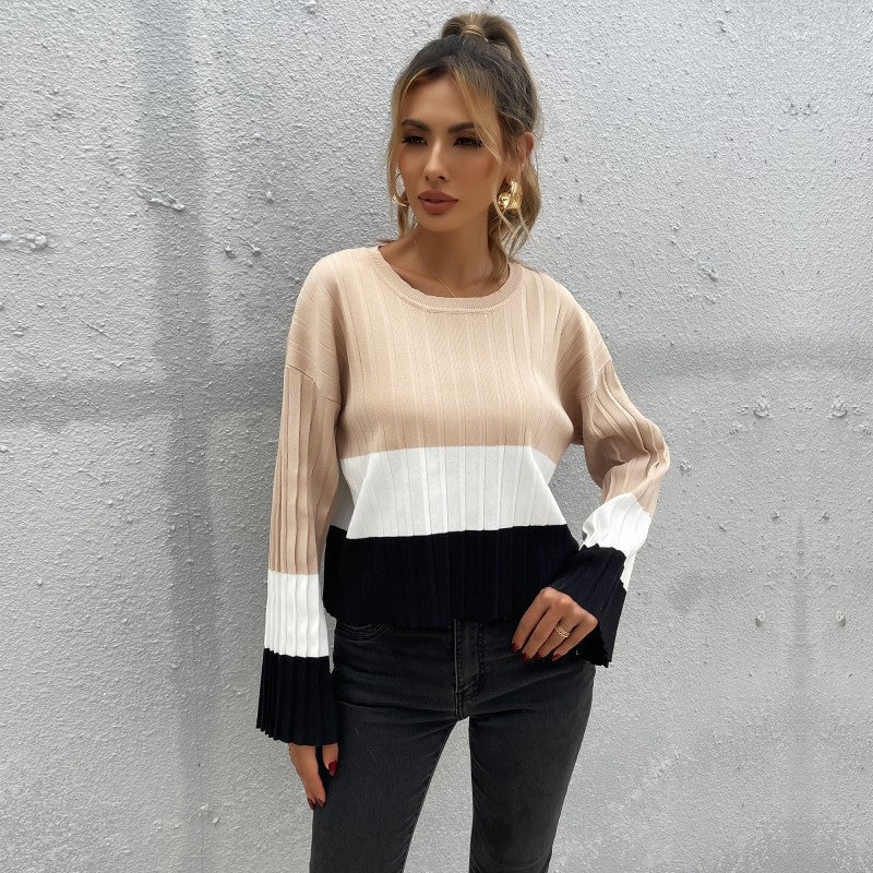 Damen Strickpullover mit modischem Blockstreifen-Design und weiten Ärmeln R&B