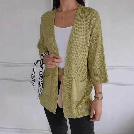 Damen lässige Strickjacke mit offener Vorderseite und praktischen Taschen R&B