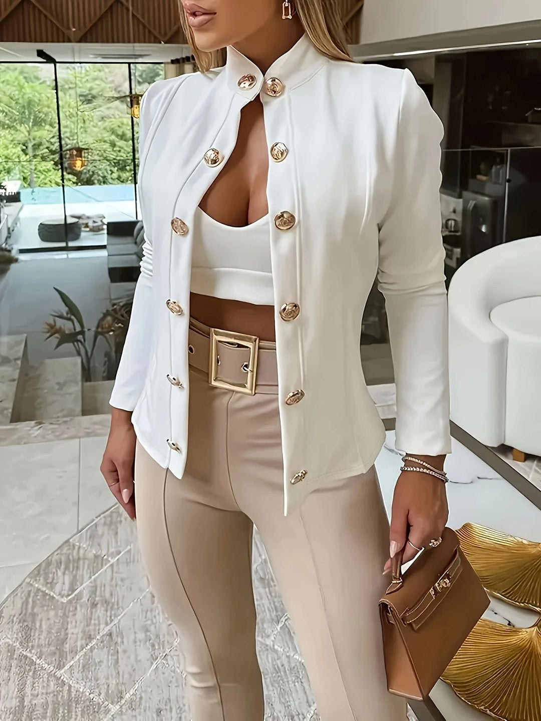 Damen elegante Couture-Jacke mit Schmuckknöpfen und tailliertem Schnitt R&B