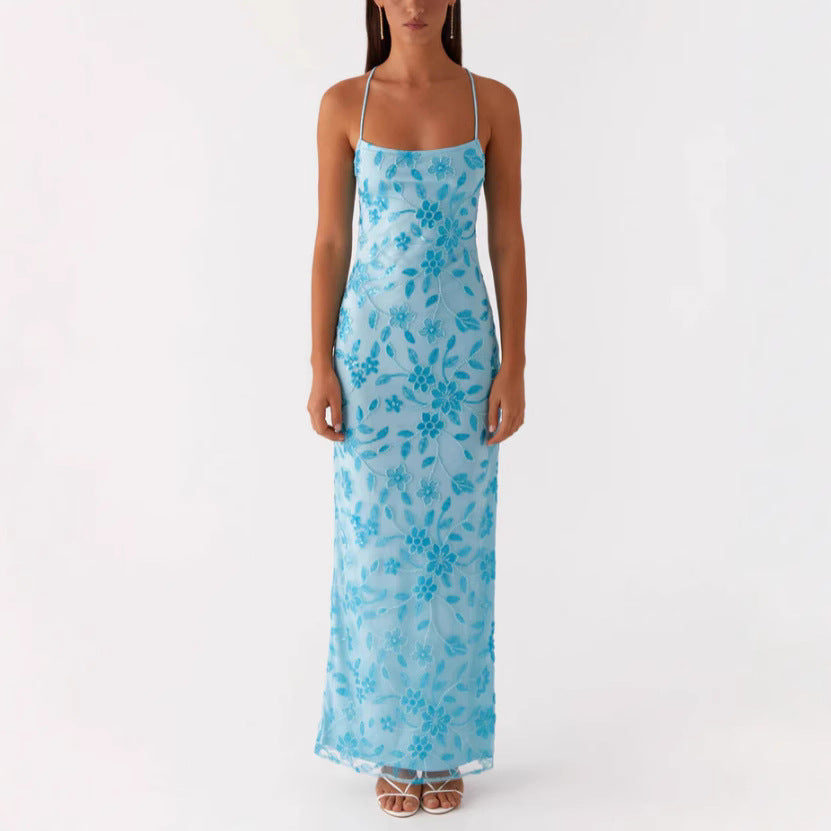 Damen Couture Maxikleid mit floralem Smock-Design und verführerischem Rücken R&B