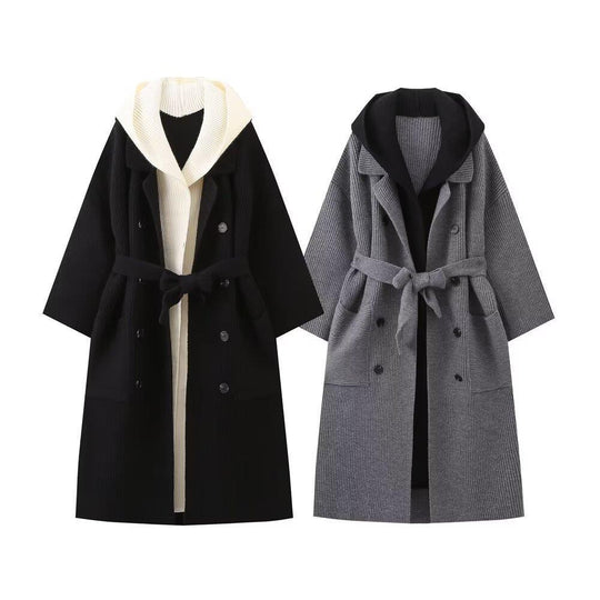 Damen lässiger Longcardigan mit bindbarem Taillengürtel und zweilagigem Kragen R&B