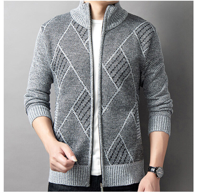 Herren Strickjacke mit modernem Zipper und grafischem Muster R&B