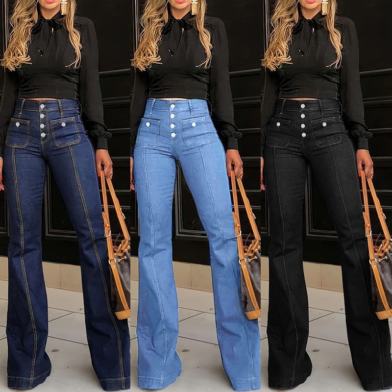 Damen Flared Jeans mit hohen Taillenbund und modischen Knopfdetails R&B