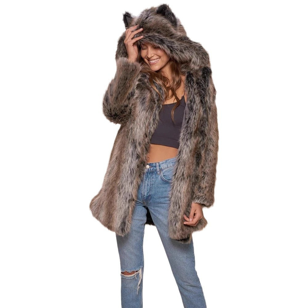 Damen Hooded Faux-Fur-Mantel mit Ohrenschützer R&B